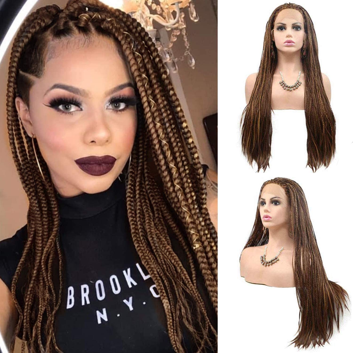 Realistic Hand Braided Lace Front Wigs for Black Women Micro Long Mixed Brown Braiding Braids Wig Natural Hairline Realistic Synthetic Heat Resistant Hair Replacement Wigs Daily Cosplay 28 Inch