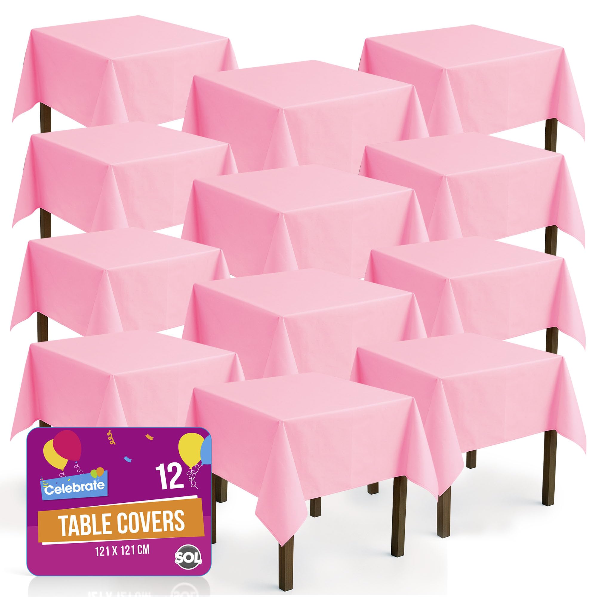 SOL 12pk Pink Table Cloths Party 121x121cm Plastic Cover Disposable for Parties - Heavy Duty Spill Protection - Opaque Design for Weddings, Buffets, Catering, Outdoor Events, Gender Reveals & More