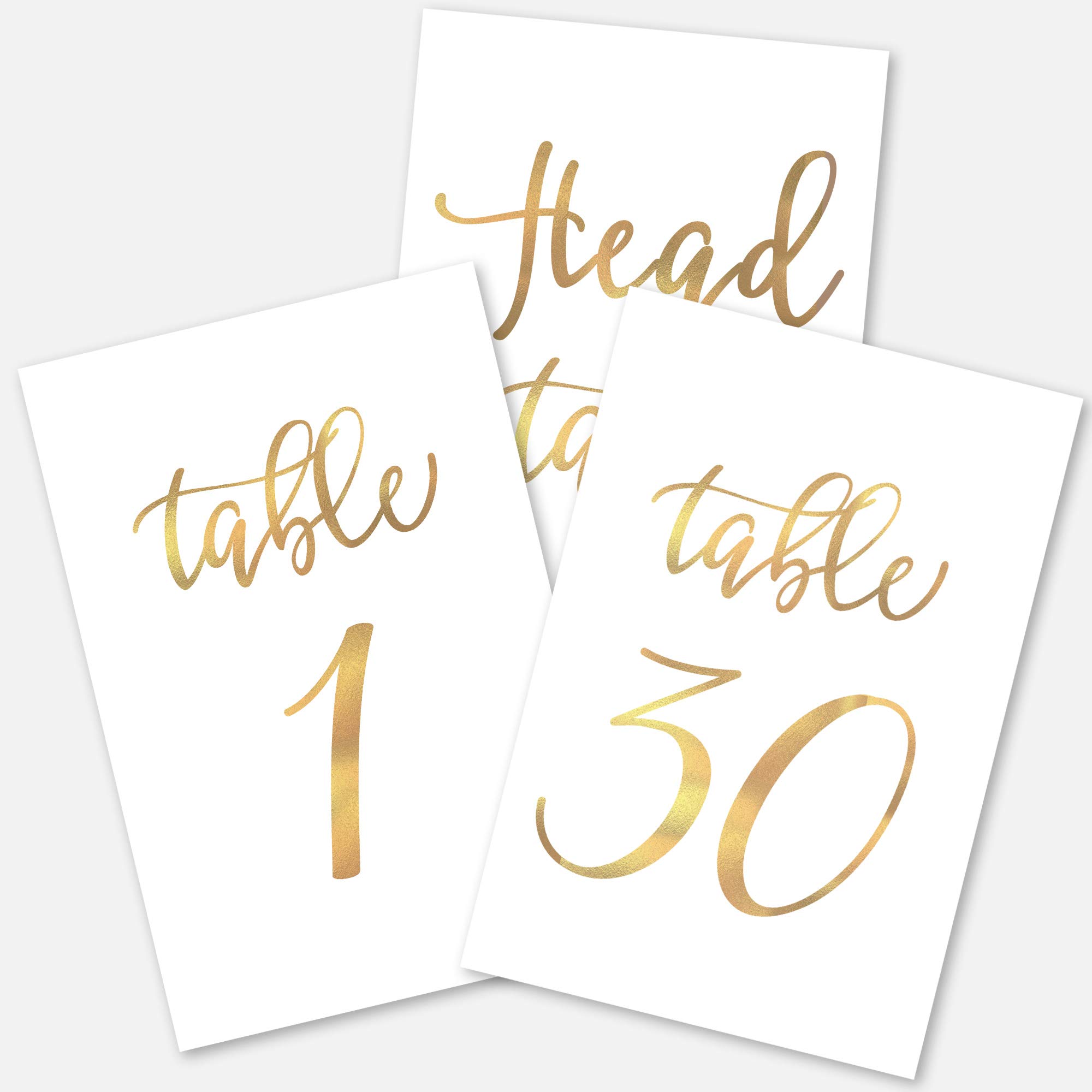 Gold Wedding Table Numbers Cards (1-30 + Head Table) 4x6" Double Sided Modern Calligraphy Foil Design Best for Receptions, Banquets, Cafés, Restaurants &amp; Parties by Merry Expressions