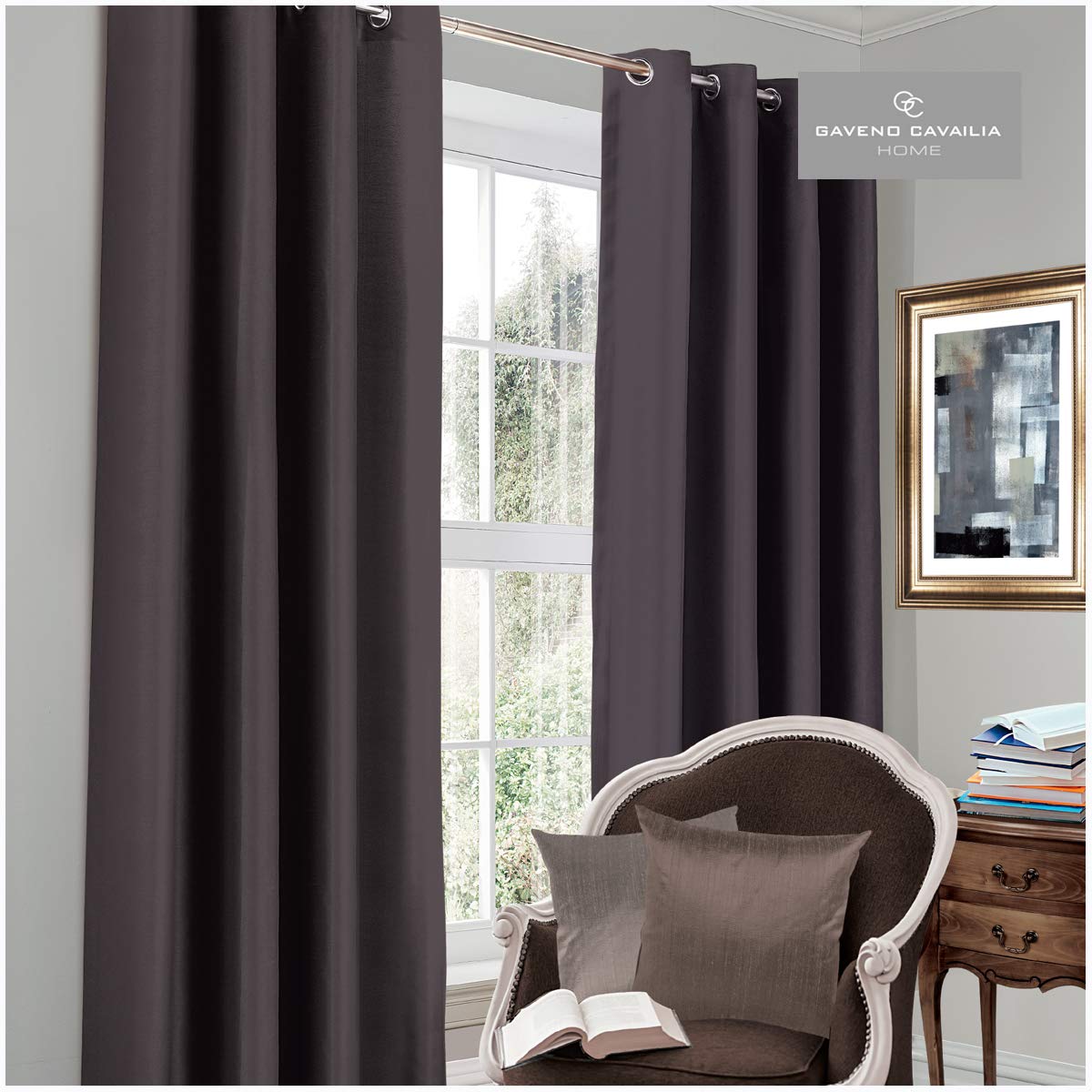 Gaveno Cavailia Luxury Thermal Fully Lined Pair of Eyelet BLACK OUT CURTAINS Charcoal 66x90 Inches