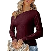 EVALESS Womens Off The Shoulder Tops Casual Long Sleeve Asymmetrical Boat Neck Going Out Tops T Shirts Fashion Clothing