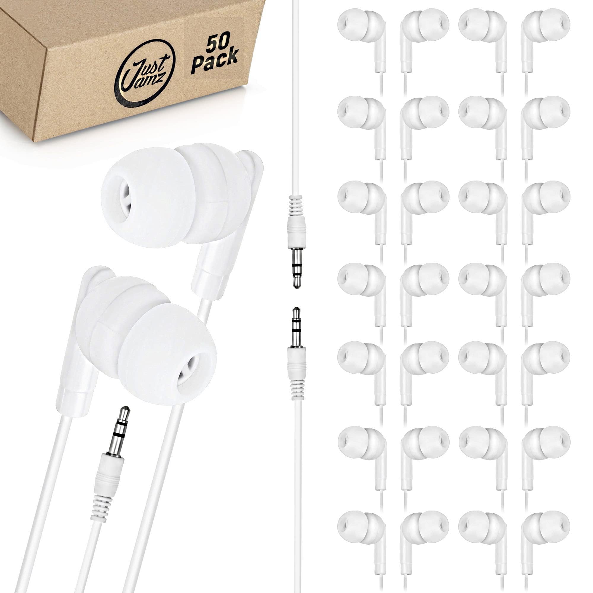 JustJamz 50x Pack | Bulk Basic Earbuds, Pearl White in-Ear Earbuds, Disposable Earphones, Affordable Headphones, 3.5 MM Audio Jack Earbuds for Schools, Kids, Classrooms & Libraries