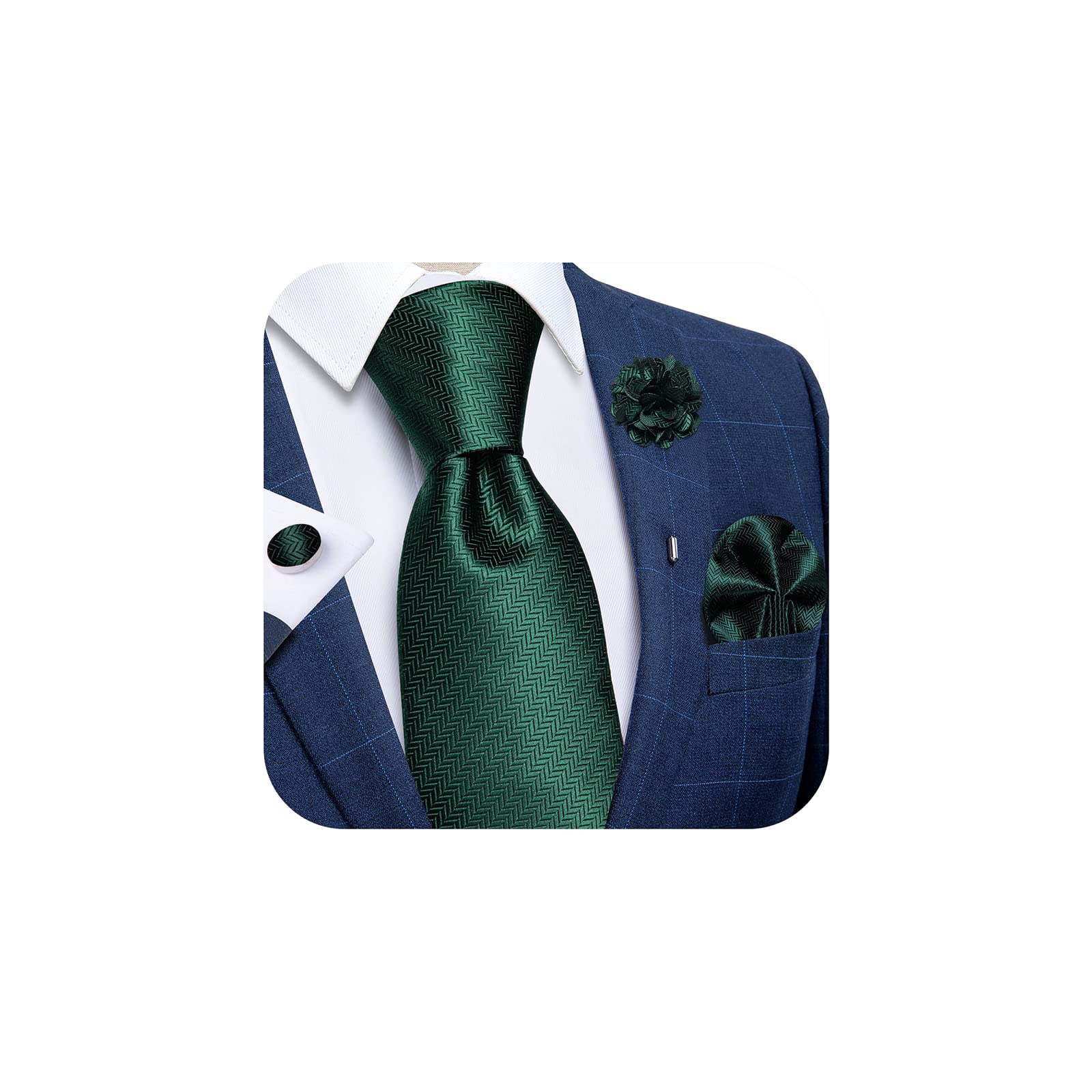 DiBanGu Mens Tie Silk Emerald Green Solid Necktie & Pocket Square Cufflinks Lapel Pin Brooch Set Classic Formal Ties for Wedding Party