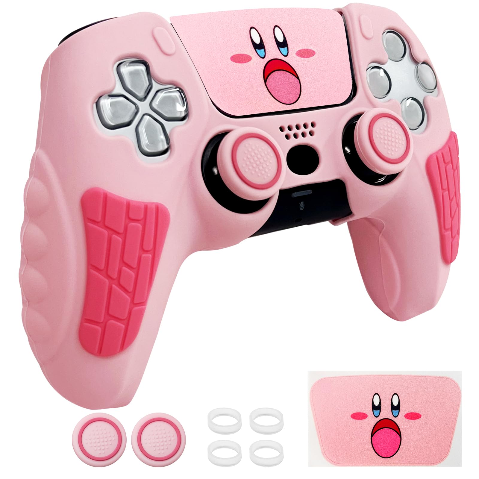 HLRAO Pink Anti Slip PS5 Controller Skin Set,Soft Protective Controller Cover Case for PlayStation 5/Slim/Pro Control with Touch Pad Stickers and 2 Thumb Grip Caps