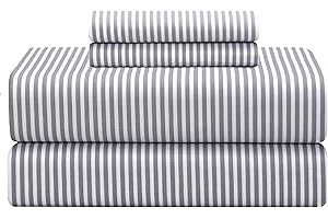 FEATHER & STITCH NEW YORK Feather & Stitch Softest 100% Cotton Sheets, 300 Thread Count Percale Weave Bedding, 16" Deep Pocket, Cooling Sheets, Breathable Bed Set, Hotel Premium Quality (Queen, Grey Stripe)