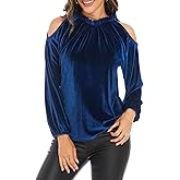 Womens Velvet Tops Fall Winter Sexy Elegant Cold Shoulder Long Sleeve Frill Trim Mock Neck Holiday Christmas Shirts Blouse