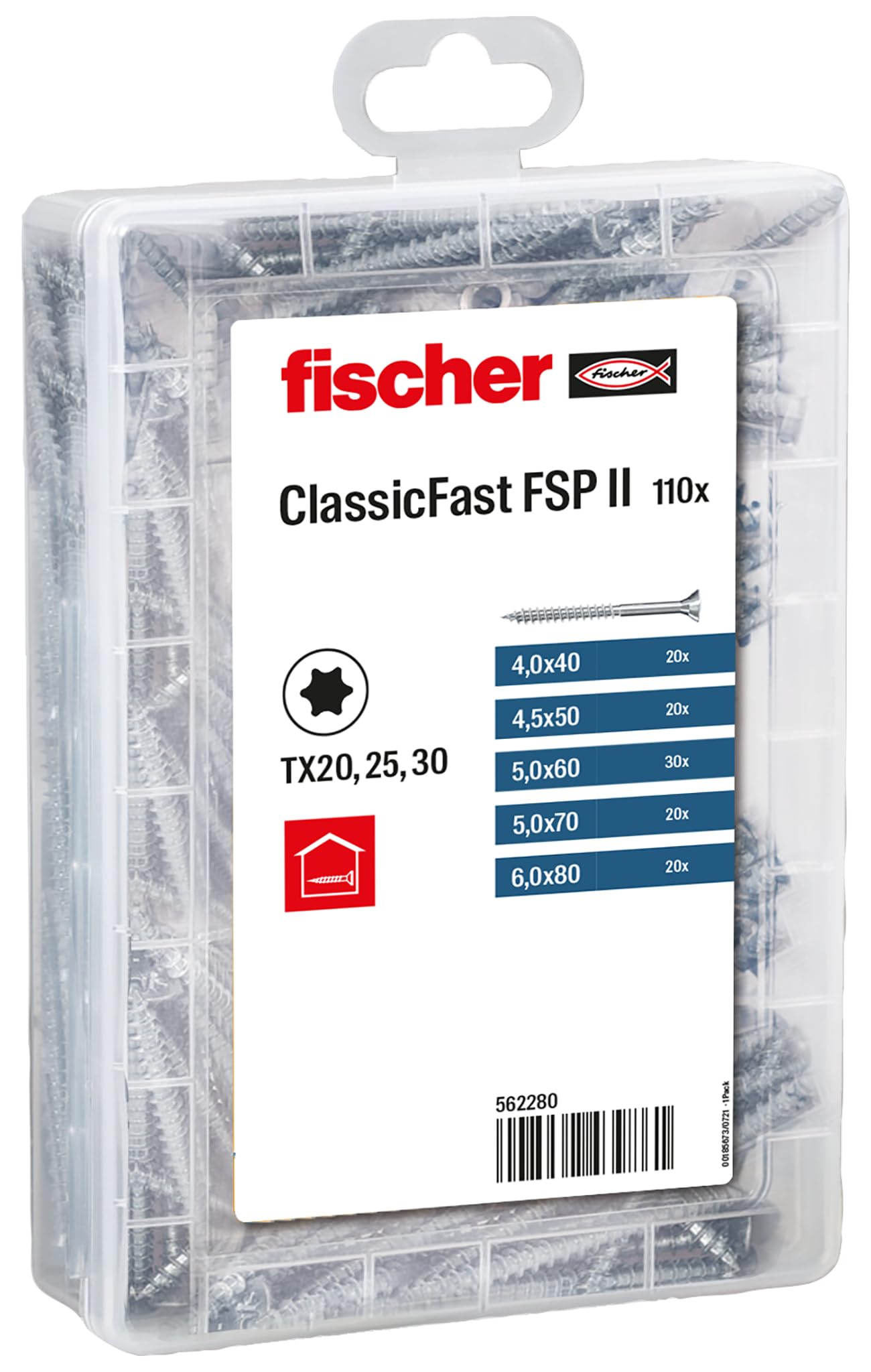fischer ClassicFast Meisterbox Assortment Box with Chipboard Screws for Interior Wood Building Materials Countersunk Head Partial Thread Torx Blue Galvanised 110 Pieces Item No. 562280