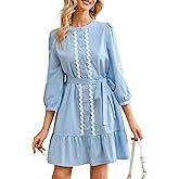 YEXPINE Women's Button Down Shirt Dresses Casual Crew Neck Belted 3/4 Sleeve Flowy Ruffle Hem Mini Dress