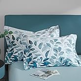 MILDLY 100% Long-Staple Cotton Pillow Shams - Gradient Blue Leaf Printed Envelope Pillowcases Queen Size 20"x26" 2pcs