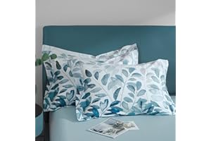 MILDLY 100% Long-Staple Cotton Pillow Shams - Gradient Blue Leaf Printed Envelope Pillowcases Queen Size 20"x26" 2pcs