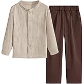 Little Bitty Boys Cotton Linen Two-Piece Set, Long Sleeve Shirt and Wide Pants, Crew Neck with Buttons, Fall Casual 3-7 Years