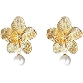 Seakuur Flower Pearl Drop Earrings for Women Floral Gold Plated Dangle Bridal Studs Earrings Wedding Jewelry