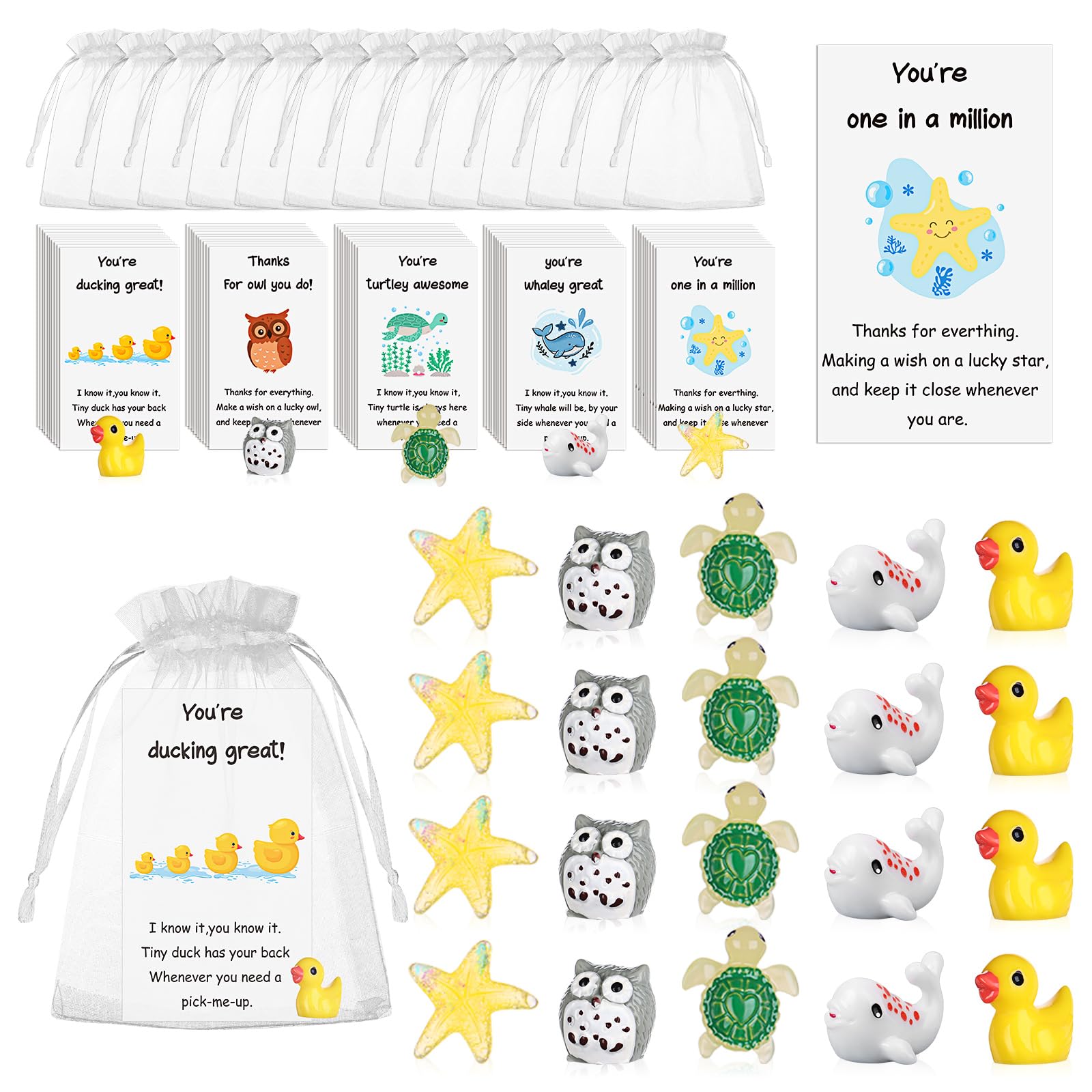 50 Set Mixed Animal Thank You Staff Gifts Employee Appreciation Gift Bulk for Coworkers Animal Pun Inspirational Note Cards Resin Ducks Stars Whales Turtles Owls Inspirational Gifts for Teacher Office