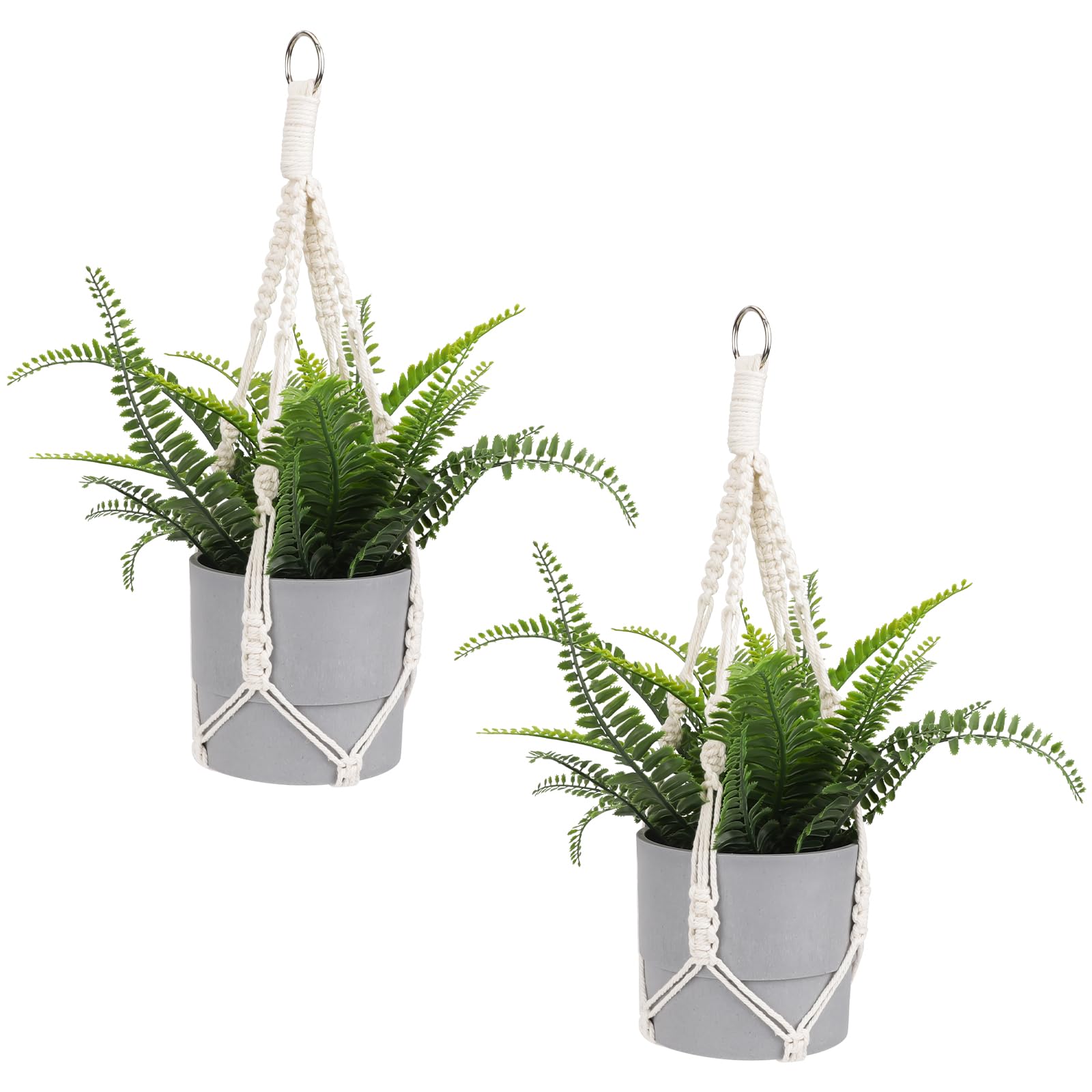 Macrame Plant Hanger, 2 Pack Boho Hanging Planters Baskets for Indoor Plants Decorative Braided Cotton Rope Flower Pot Holder with Metal Hook Rings for Outdoor Home Decor, No Tassels, Ivory, 20 Inchs
