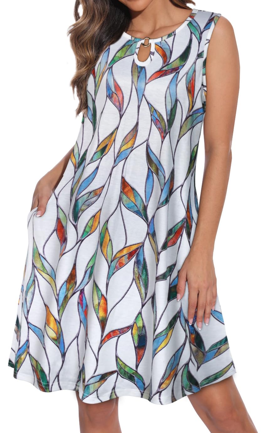 Photo 1 of Summer Dresses for Women Casual Sleeveless Sundress Floral Loose Fit Beach Cover Up with Pocket?White Leaf Stripes, M