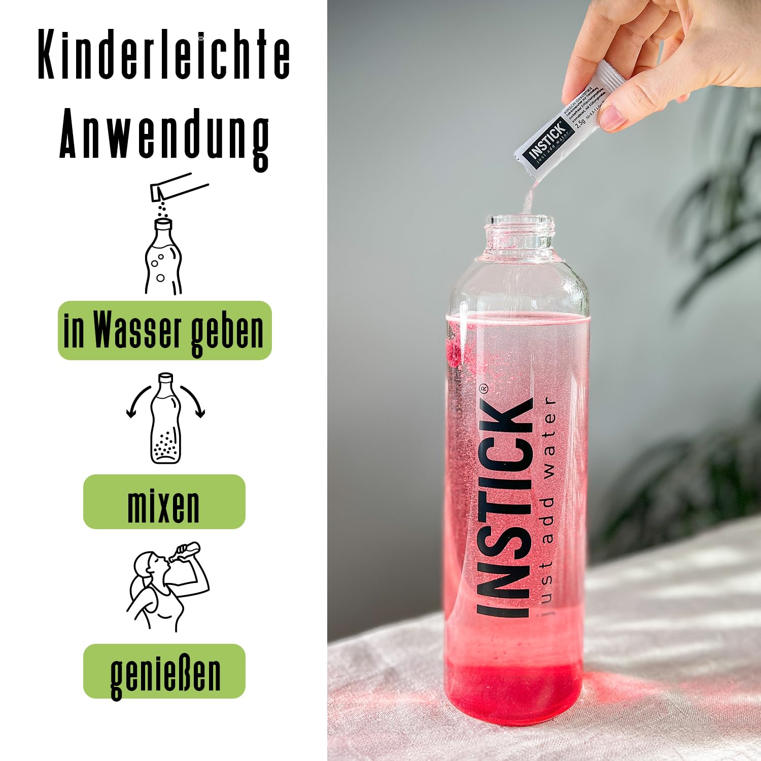 INSTICK Zuckerfreies Instant-Getränk (Bundle S Klassik + Tritan Trinkflasche 1 L) 10x12 Sticks - 1 Stick für 0,5-1 L - Veganes Getränkepulver Kalorienarm & Vitamin C - Instant-Pulver 6