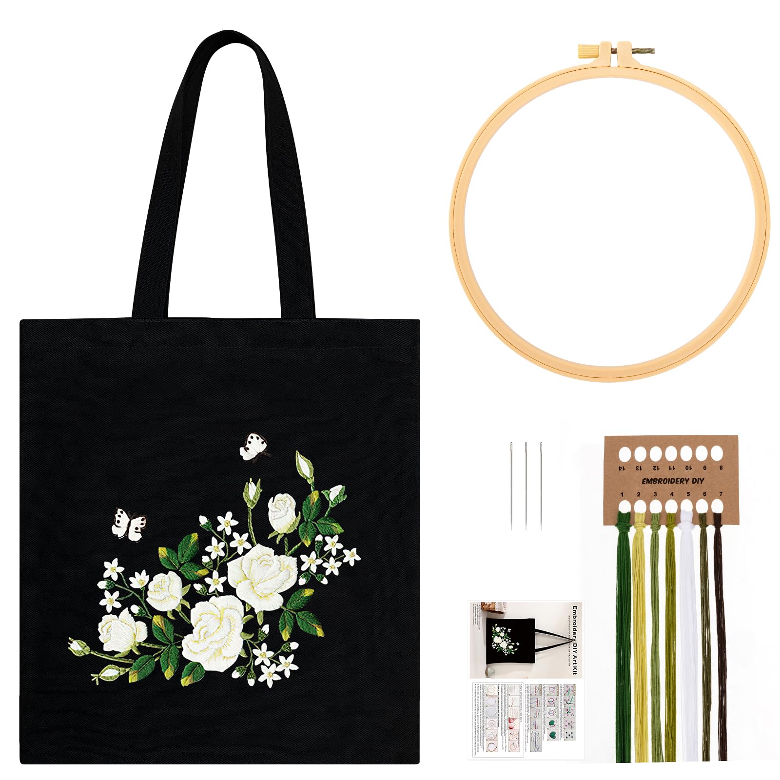 JSRQT Canvas Tote Bag Embroidery Kit for Beginners Adults, Stamped Cross Stitch Starter Kit with White Rose Pattern, Handmade Embroidery Bag Art Craft Including Hoop, Needles and Threads, Black