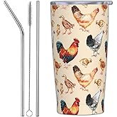 Yobvec Chicken Tumbler with Lid and Straw, 20 Oz Stainless Cup, Steel Insulated Water Bottle Travel Coffee Mug, Chicken Stuff Gift