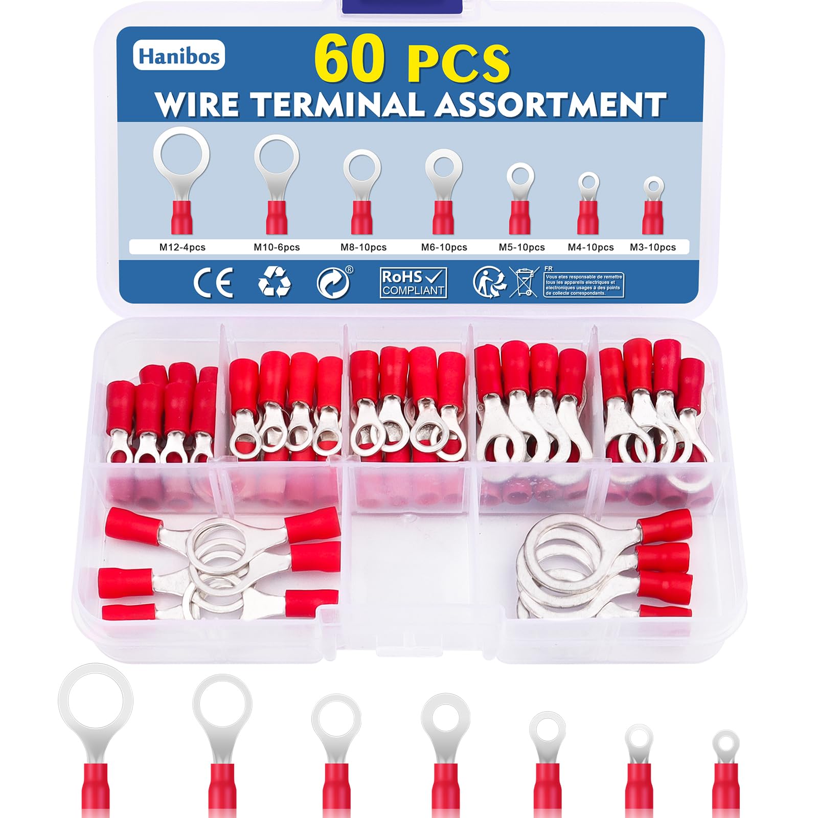 Hanibos 60 Pcs Ring Terminals Red 0.5-1.5mm² Insulated Ring Crimps Wire Connectors 22-16AWG Electrical Connectors M3 M4 M5 M6 M8 M10 M12 Ring Terminals Crimps Connectors — image 1