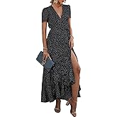 PRETTYGARDEN Women's Boho Floral Maxi Dress Summer Short Sleeve Wrap V Neck Long Flowy Beach Vacation Wedding Guest Dresses