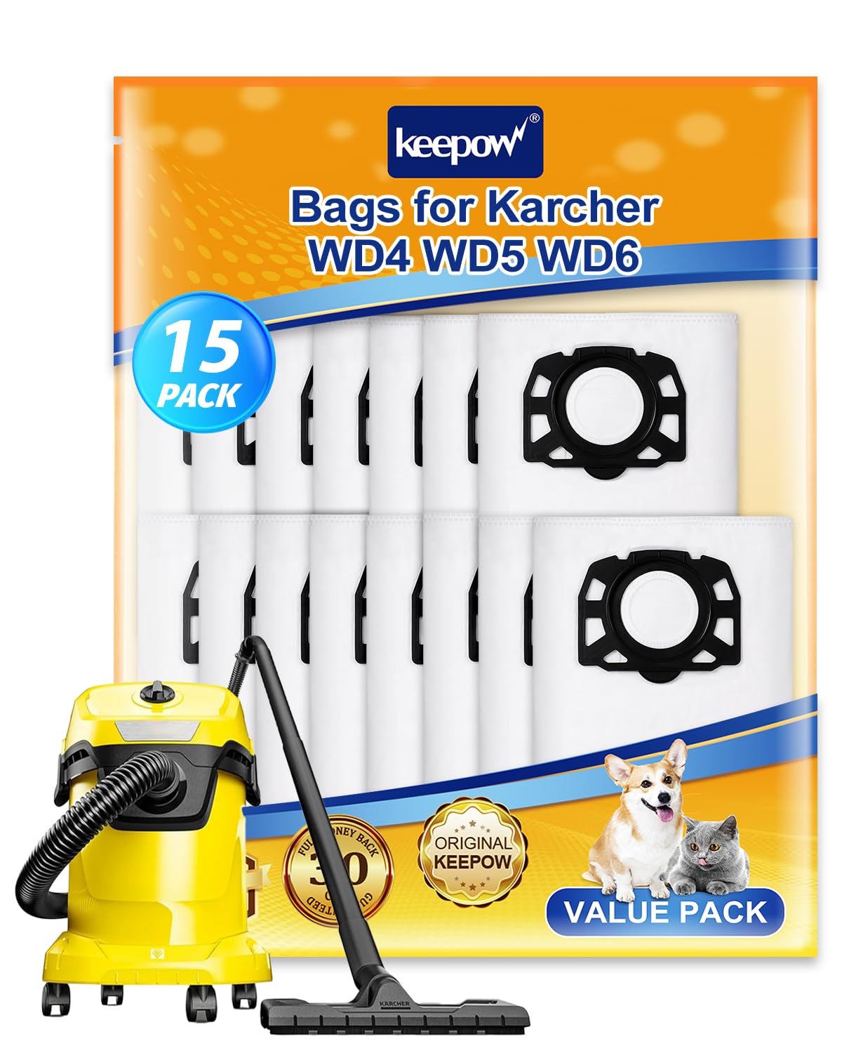 KEEPOW 15 Pack Fleece Filter Bags Replacement for Karcher WD4 WD5 WD5 / Premium MV4 MV5 MV6 Wet & Dry Vacuum Cleaner