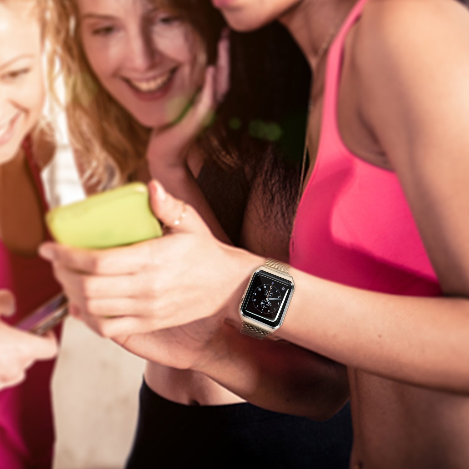 Aifulo Compatible Apple Watch Band 38mm, Adjustment Milanese Loop Stainless Steel Mesh Magnetic Replacement Wrist Band with Metal Protective Case for Apple Watch 38mm Series 1 Series 2 Series 3 - Gold