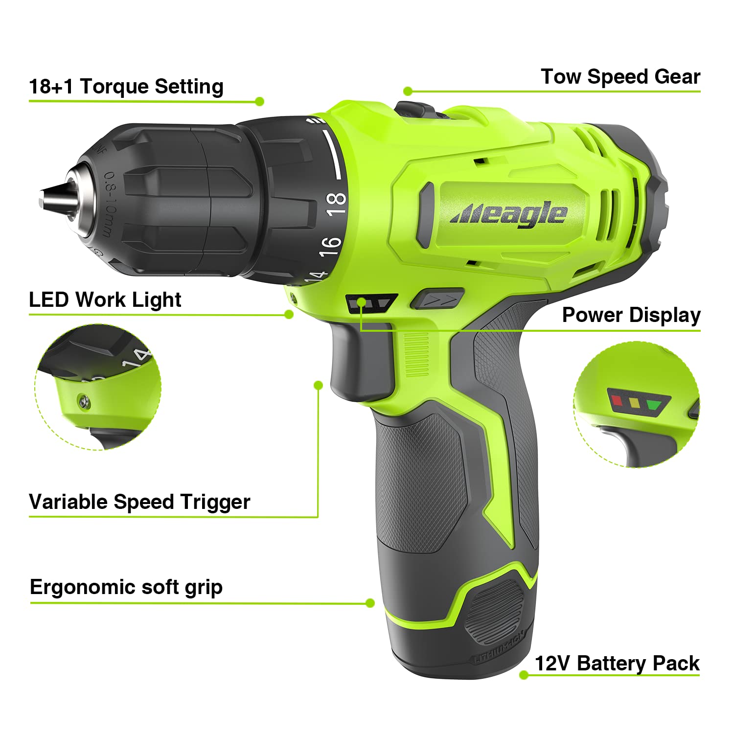 Meagle Cordless Drill, 12V Power Drill set with Battery & charger, 2 Variable Speed Electric Drill 18+1 Torque Setting, 3/8” Chuck with Drill Bits