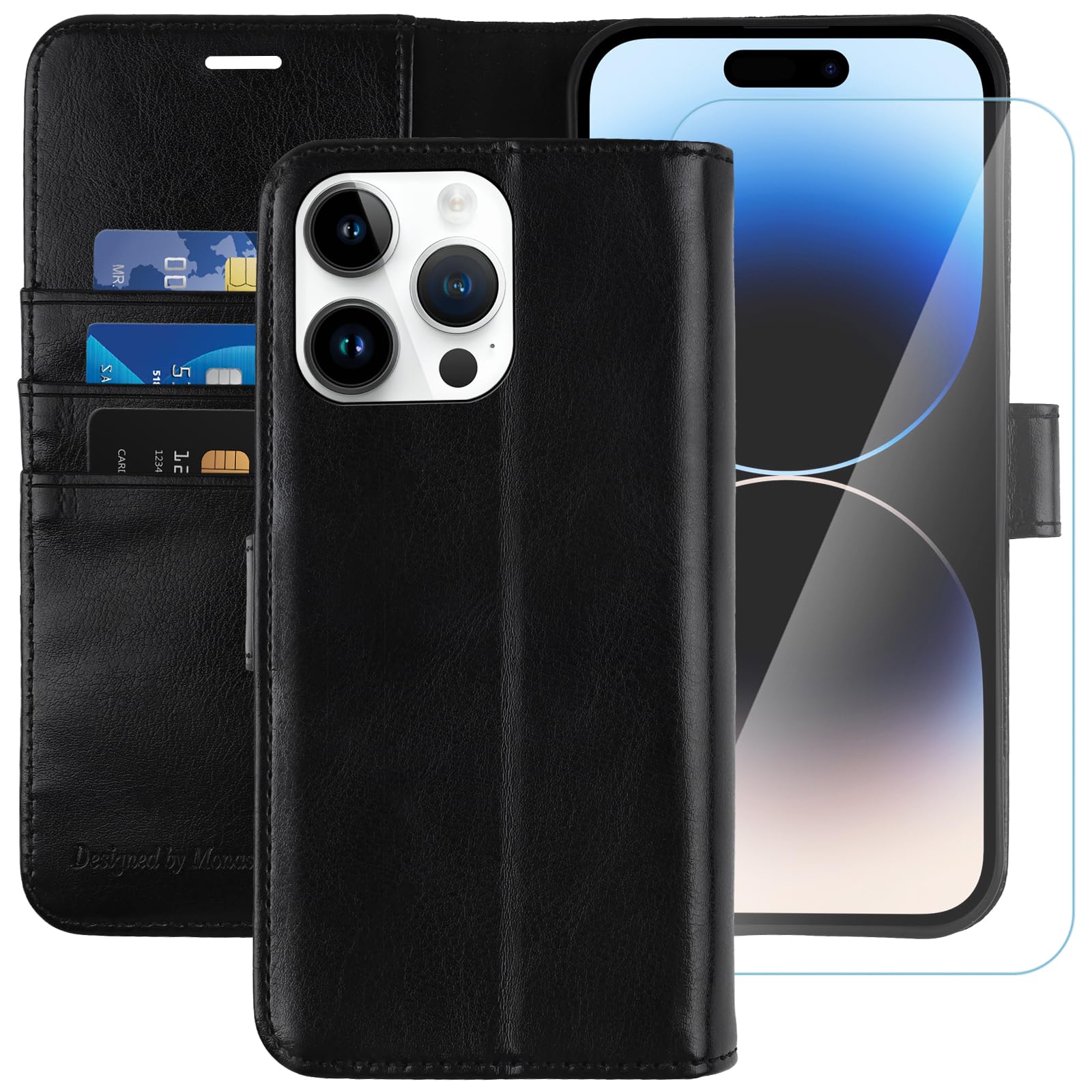 MONASAY Wallet Case for iPhone 14 Pro 5G,[Glass Screen Protector Included] [RFID Blocking] Flip Folio Leather Cell Phone Cover with Credit Card Holder for Apple iPhone 14 Pro 6.1-inch,Black