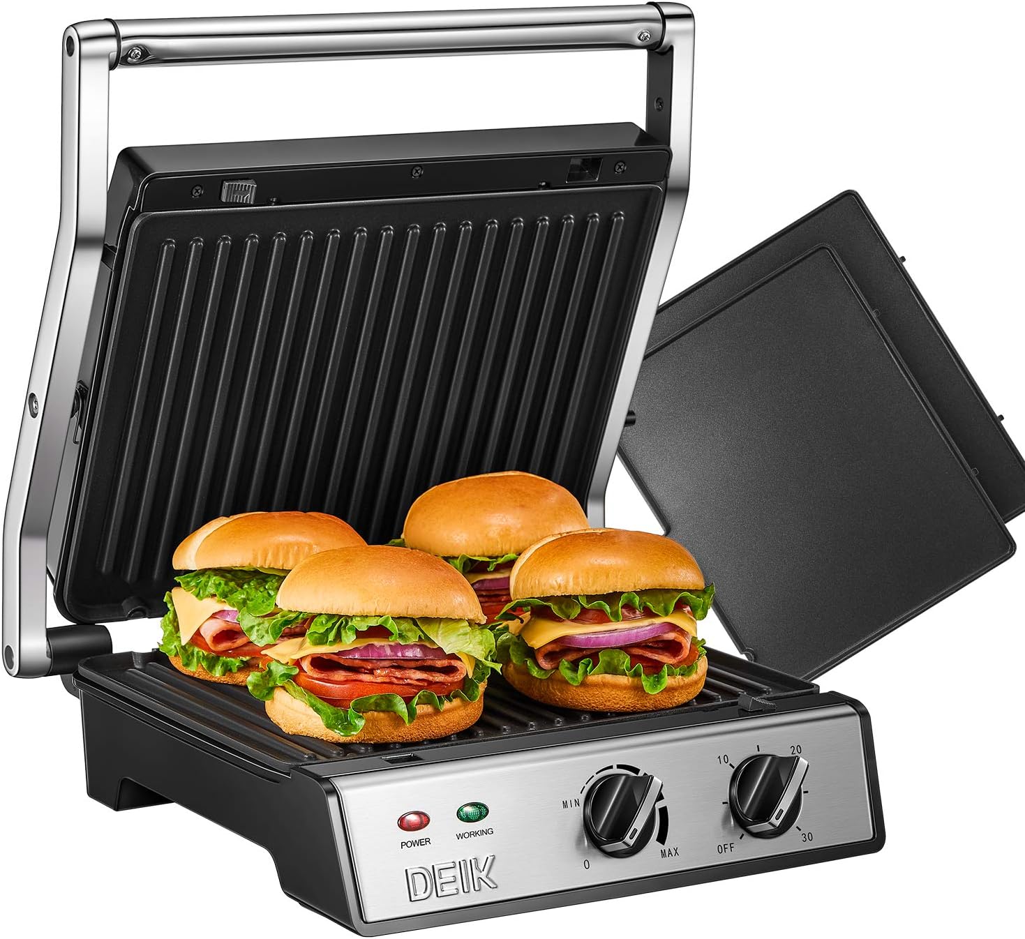 Panini Press, 6-in-1 Sandwich Maker with Timer and Temperature Control, 4 Non-Stick Removable Plates, Opens 180 Degrees for Steaks, Grilled Meat, DEIK