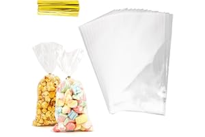 Leislam Cellophane Treat Bags, Cellophane Bags, 100 PCS Clear Cellophane Treat Bags, 5x11 Inches Cellophane Candy Goodie Gift Bags with 100 Gold Twist Ties for Valentines Easter Weddings Party Favors