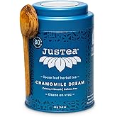 JusTea CHAMOMILE DREAM | Loose Leaf Herbal Tea | Tin with Hand Carved Tea Spoon | 40+ Cups (45g) | Caffeine Free | Award-Winn