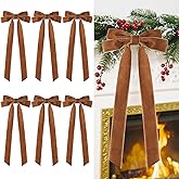 Velvet Large Christmas Bows for Staircase Garland Wreath, 20in x 8in Vintage Ribbon Bows with Twist Tie for Xmas Tree Holiday Indoor Outdoor Decorations (6Pcs, Light Brown)