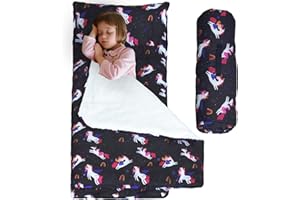 HALEEONE Toddler Nap Mat with Removable Pillow and Blanket, Cot Nap Mats for Daycare Preschool Kindergarten, Roll Up Lightweight Portable Travel Sleeping Bag, Black