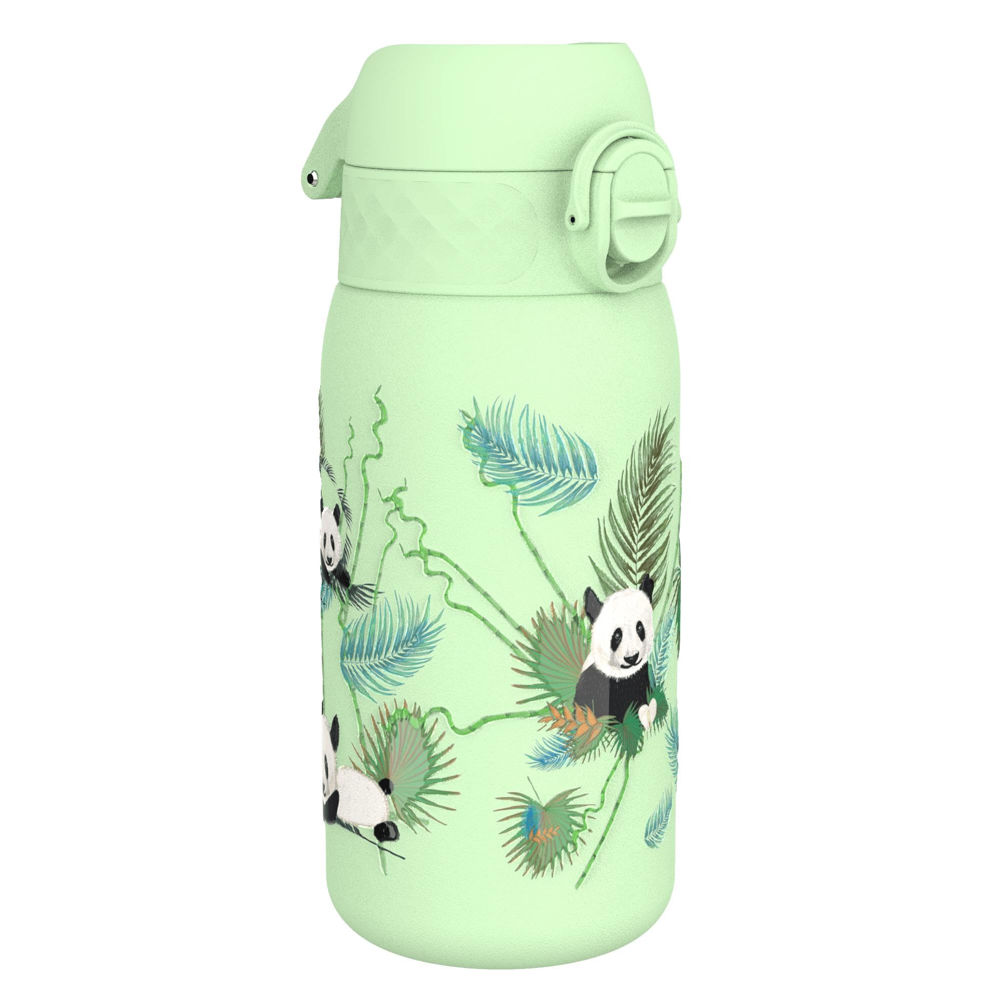 Ion8 Lightweight Steel Kids Water Bottle, 400ml/13oz, Non-Insulated, Leak Proof, Easy to Open, Secure Lock, Dishwasher Safe, Fits Cup Holders, Carry Handle, Metal Water Bottle, Green, Pandas