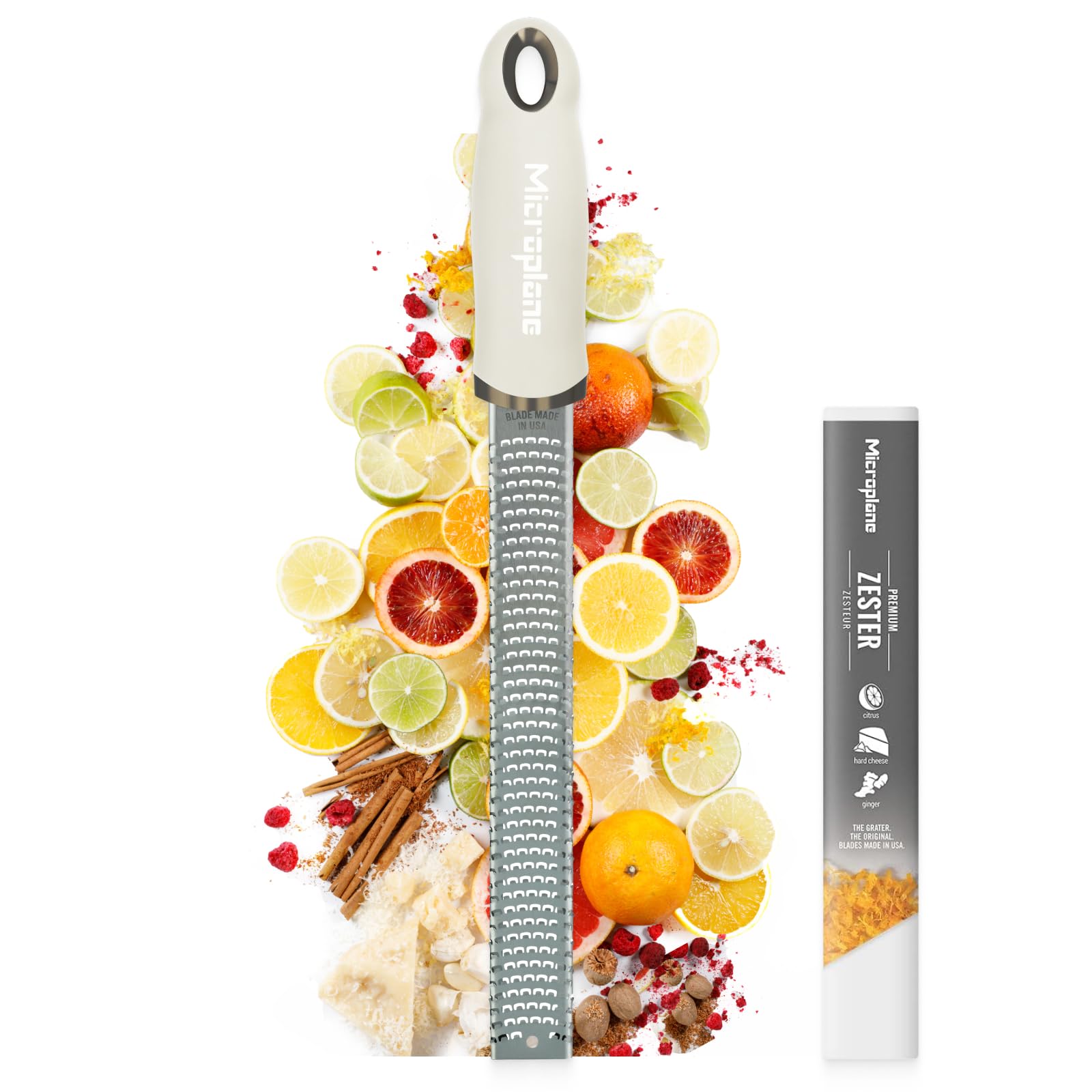 Microplane Zester Grater in Cashmere Beige for Citrus Fruits, Hard Cheese, Ginger, Chocolate and Nutmeg with Fine Stainless Steel Blade - Made in USA