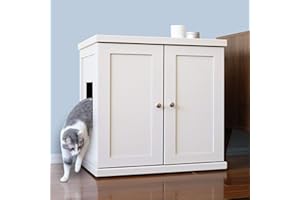 THE REFINED FELINE Cat Litter Box Enclosure Cabinet, Modern, White, Adjustable Levelers, Large, Hidden Litter Cat Furniture with Drawer