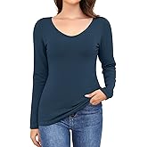 Ganado Long Sleeve Shirts for Women V Neck Thermal Shirt Layering Undershirts Plain Fitted Basic Tops