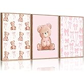 3Pcs Pink Teddy Bear Wall Art Coquette Bow Wall Decor Pictures Cute Animal Nursery Canvas Posters Prints for Baby Girls Room Bedroom Home Decorations Unframed