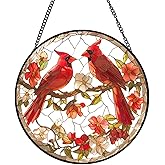 Xuoxeji Stained Glass Style Cardinal Suncatcher, 7.87 Inch (20cm) Round Real Glass Window Hanging with Gift Box and Chain, Bird Decor Gift