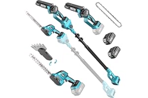 SEESII 6-in-1 Cordless Pole Saw & Hedge Trimmer Combo, Electric Mini Chainsaw with 2×4.0 Ah Batteries, Extendable Tree Pruner, Bush Trimmer Limb Branch Cutter, Grass Shears, 15Ft Long Reach