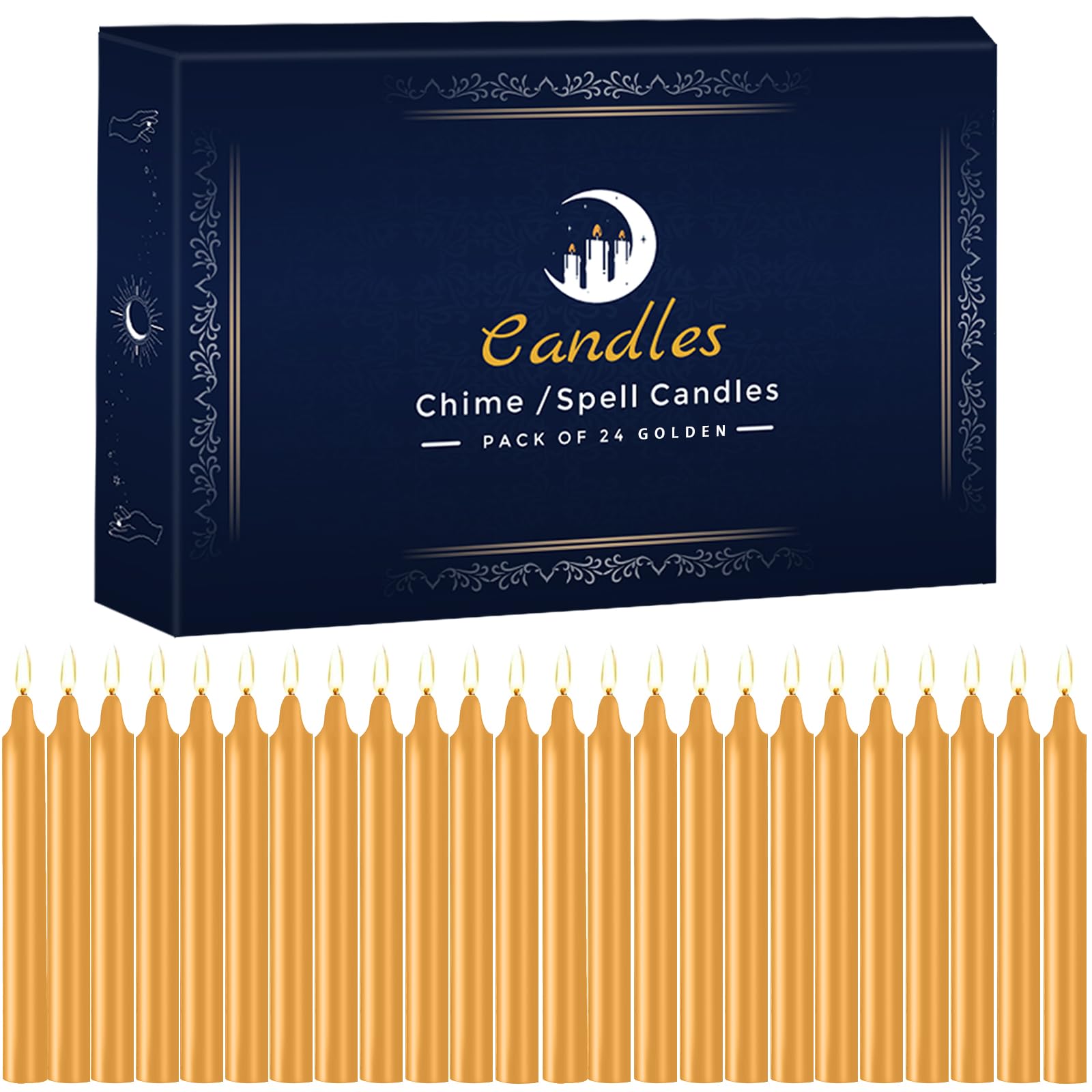 Photo 1 of 24 Pack Golden Spell Chime Candles – Premium Mini Unscented Taper Candles for Rituals, Prayer, Meditation, Altar, Spells – 4" Tall – Ideal for Witches & Spiritual Practices