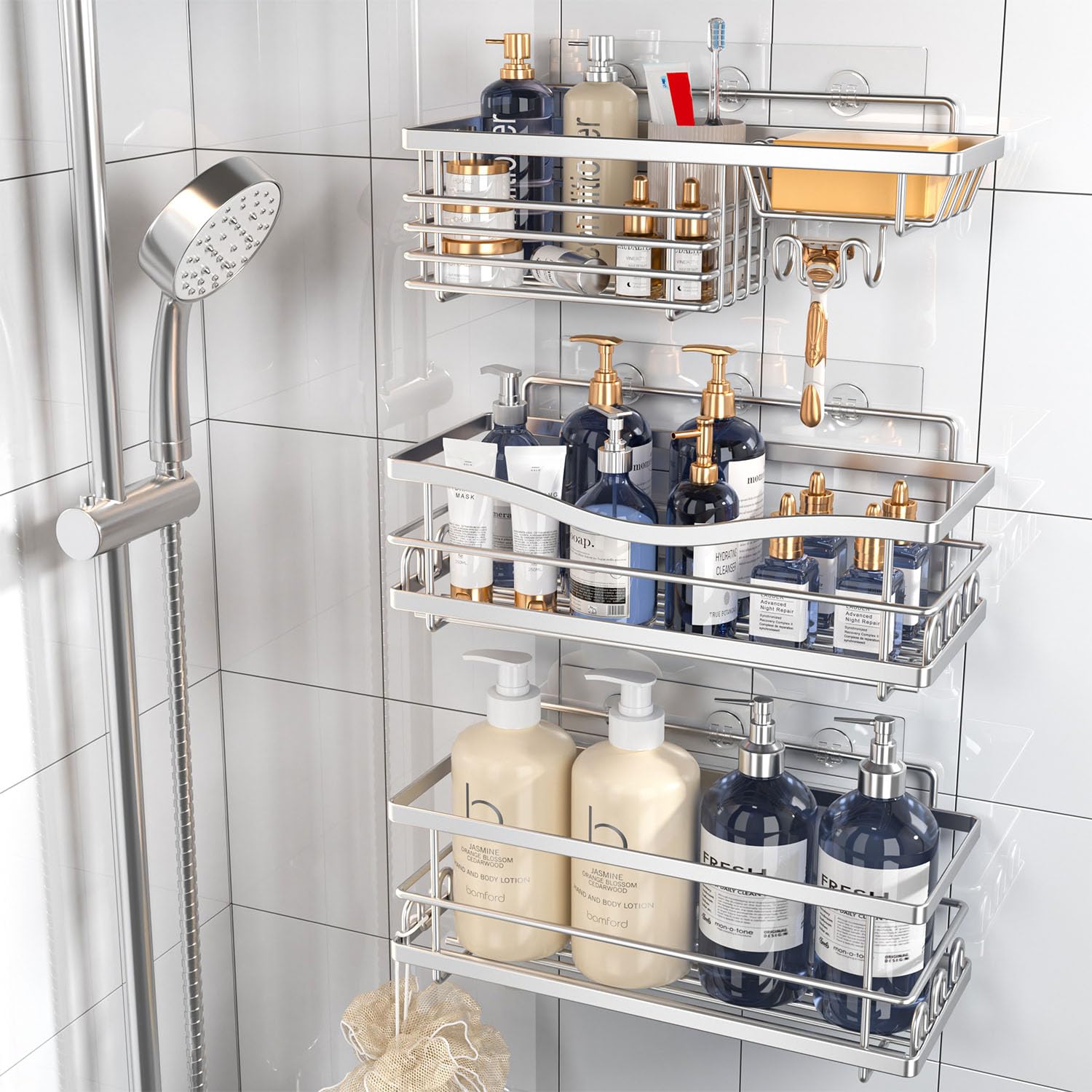 Photo 1 of Youvip Shower Caddy, 3 Pack Large Capacity Bathroom Organizers and Storage, No Drilling Adhesive Rustproof Shelves with Soap Holder, Home Decor, Silver