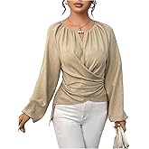 SweatyRocks Women's Plus Size Twist Front Long Sleeve Blouses Casual Wrap Asymmetrical Top