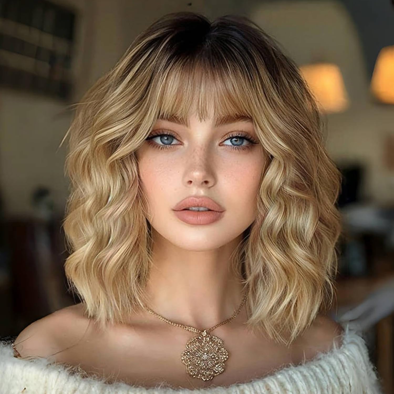 Photo 1 of Ombre Blonde Wigs with Bangs Blond Wig for Women 14Inch Short Wavy Wigs Shoulder Length Hair for Girl Natural Looking Synthetic Heat Resistant Fiber Hair for Daily Party Halloween Use