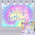 Rainbow Backdrop for Happy Birthday 7X5FT Macaron Pastel Colorful Birthday Photography Background Tie Dye Theme Party Supplies Children Women Girls Sweet 16th Birthday Cake Table Decoration Banner