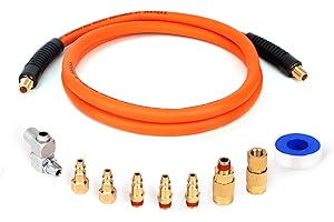 FYPower 10 Pieces Hybrid Lead-in Air Hose kit, 3/8 Inch x 6 ft Whip Air Compressor Hose Kit, 1/4" NPT Air Coupler and Plug, Industrial Solid Brass Quick Connect, 360° Swivel Connector