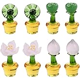 DanLingJewelry 8Pcs Mini Crystal Potted Plant Glass Figurines Handmade Lotus Flower Leaf Lampwork Glass Ornaments for Home Office Table Decor