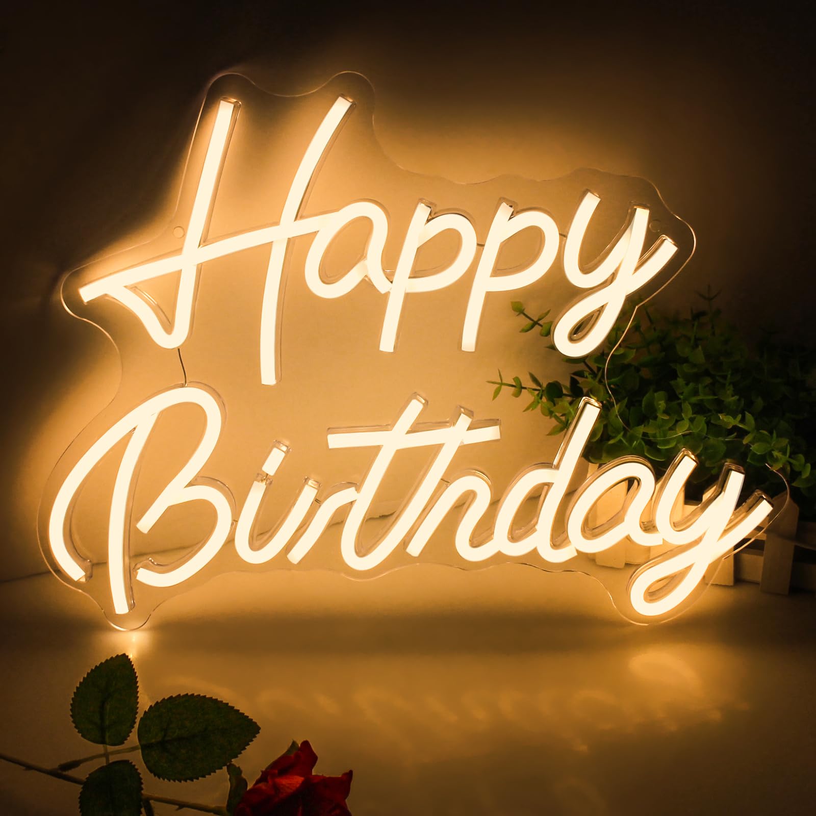 Photo 1 of Happy Birthday Neon Sign, Happy Birthday Sign, Happy Birthday Light Up Sign, Happy Birthday Led Sign for Backdrop Birthday Any Ages Bday Celebration Decoration USB Powered Warm White,16.5"x 12.5"
