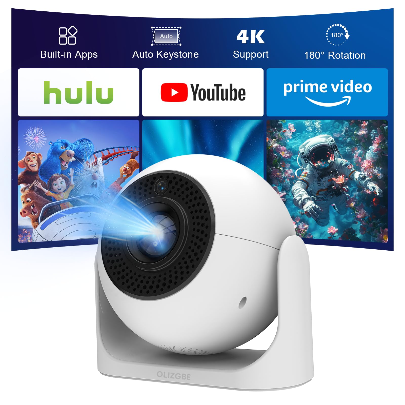 Photo 1 of Mini Projector with WiFi and Bluetooth, 4K Support Auto Focus & Keystone Portable Projector with Built-in Apps, 5W Speaker, 180° Rotation Home Movie Projector Compatible with TV Stick/Phone/Laptop