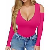 HERLOLLYCHIPS Womens Long Sleeve Tops Deep V Neck Cold Shoulder Tight Fitted Sexy Casual Fall Winter Tee T-Shirts